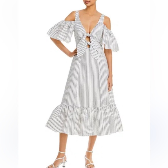 CINQ A SEPT White with black stripe cold shoulder ruffle hem midi dress size 4 - Picture 1 of 14
